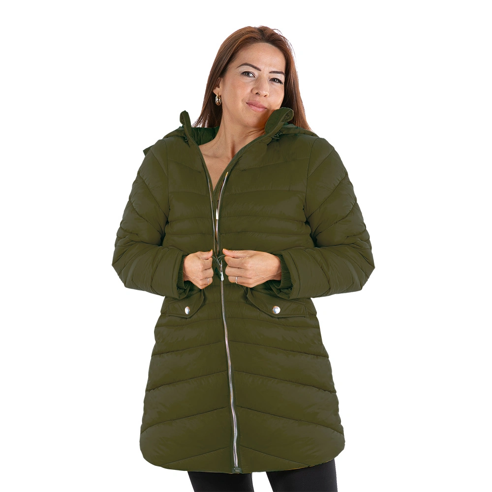 Customed Women&prime;s Three Quarter Length Puffer Jacket with Button Tab Pockets