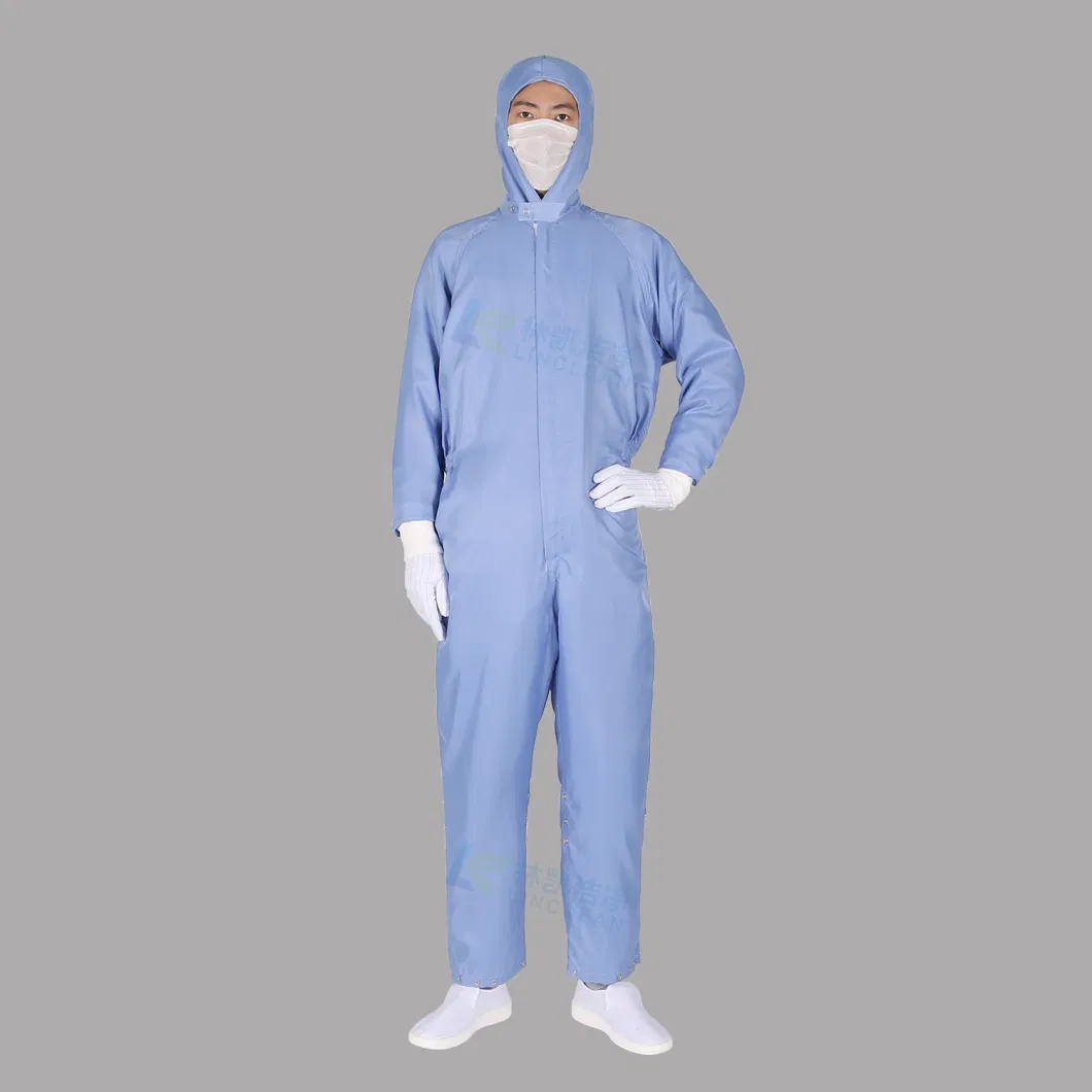 Blue Dustproof Cleanroom Work Clothes Front Zipper ESD Workwear for Pharmaceutical Factory