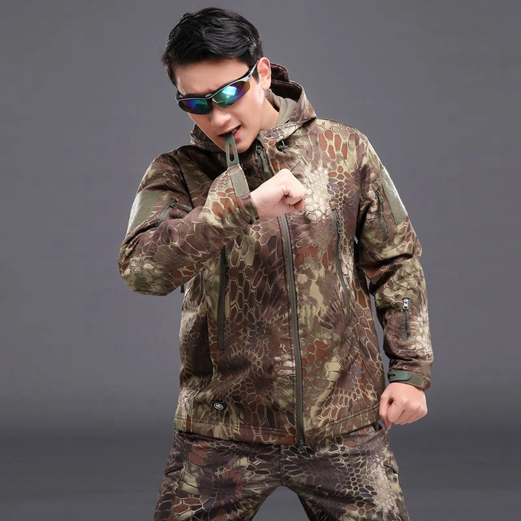 Softshell Mens Camouflage Waterproof Hunting Clothes Abrasionproof Outdoor Windbreaker Large Leaf Camo Dry Fit Jacket for Men