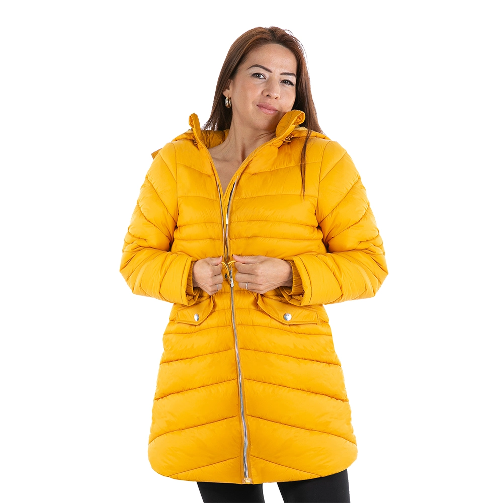 Customed Women&prime;s Three Quarter Length Puffer Jacket with Button Tab Pockets