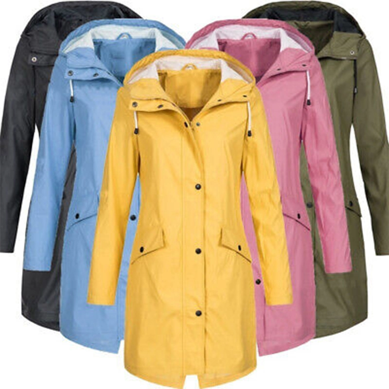 Manufacturer China Women&prime;s PU Raincoat Hooded Waterproof Windproof Rain Coat Long Rain Jacket