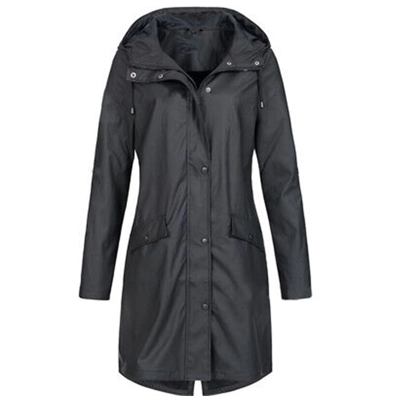 Manufacturer China Women&prime;s PU Raincoat Hooded Waterproof Windproof Rain Coat Long Rain Jacket