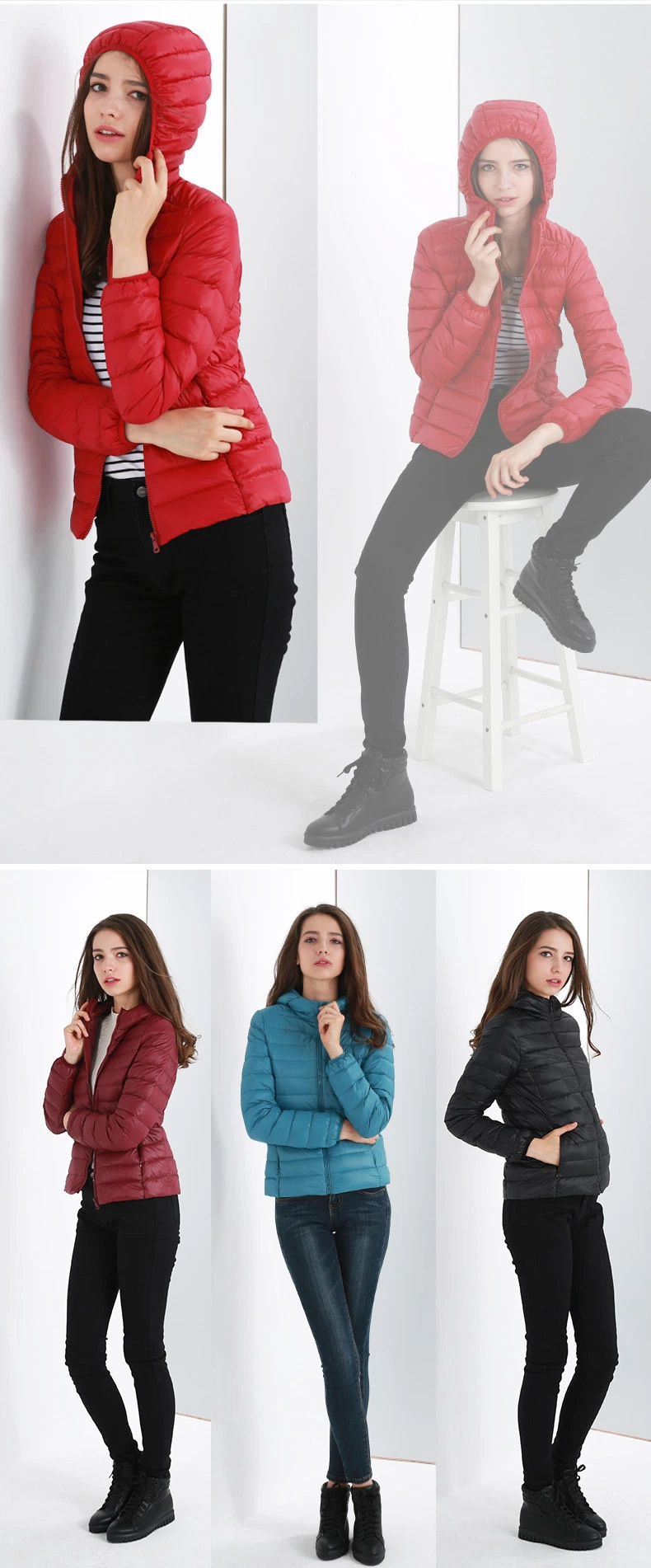 Winter Thin Super Light Short White Duck Feather Red Hooded Women Ultralight Down Jacket