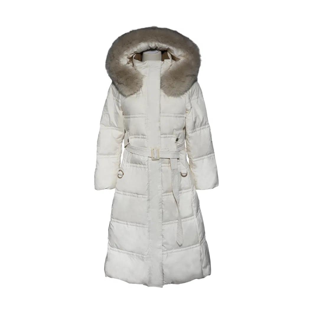 Women White Long Down Jacket with Fox Fur Hoodie