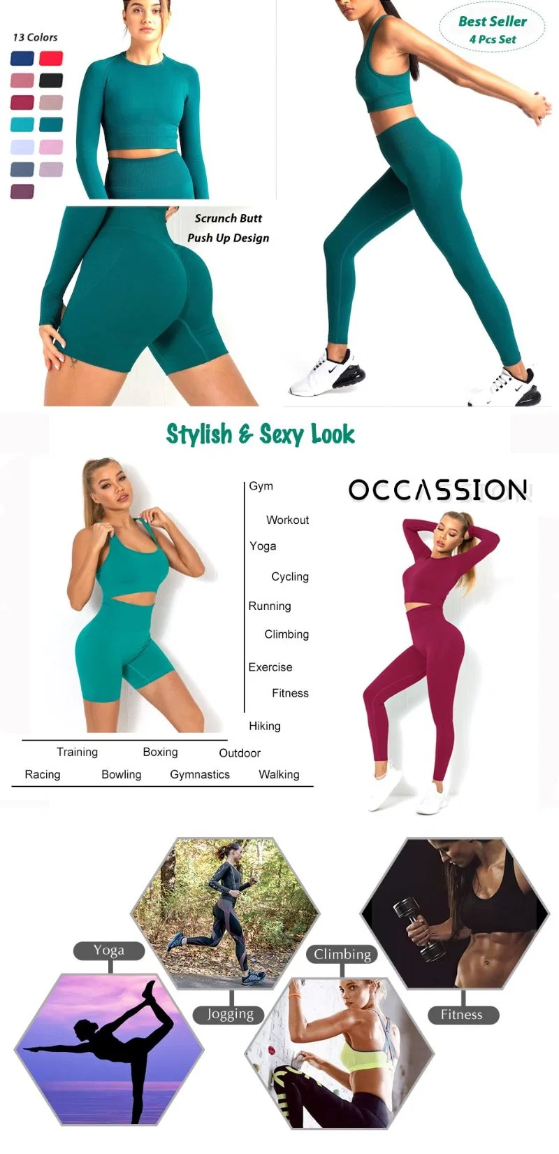 Custom High Quality Seamless Activewear Manufacturer Compression Workout Clothes for Women, 2 PCS Ribbed Long Sleeve Crop Top + Tummy Control Leggings Sets