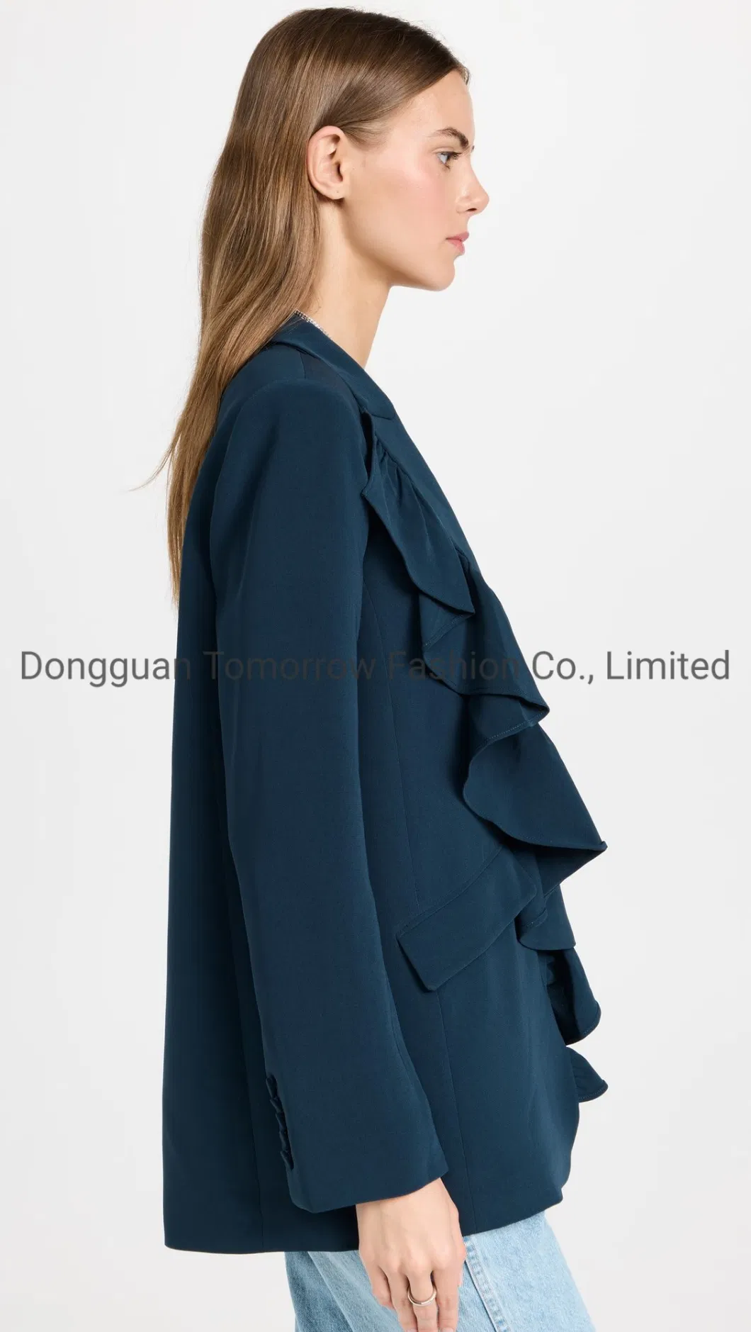 OEM Supplier High Quality Elegant Wholesale Fashion Manufacturer Private Label Flap Front Pockets Casual Long Sleeves Women Jacket with Button Cuffs