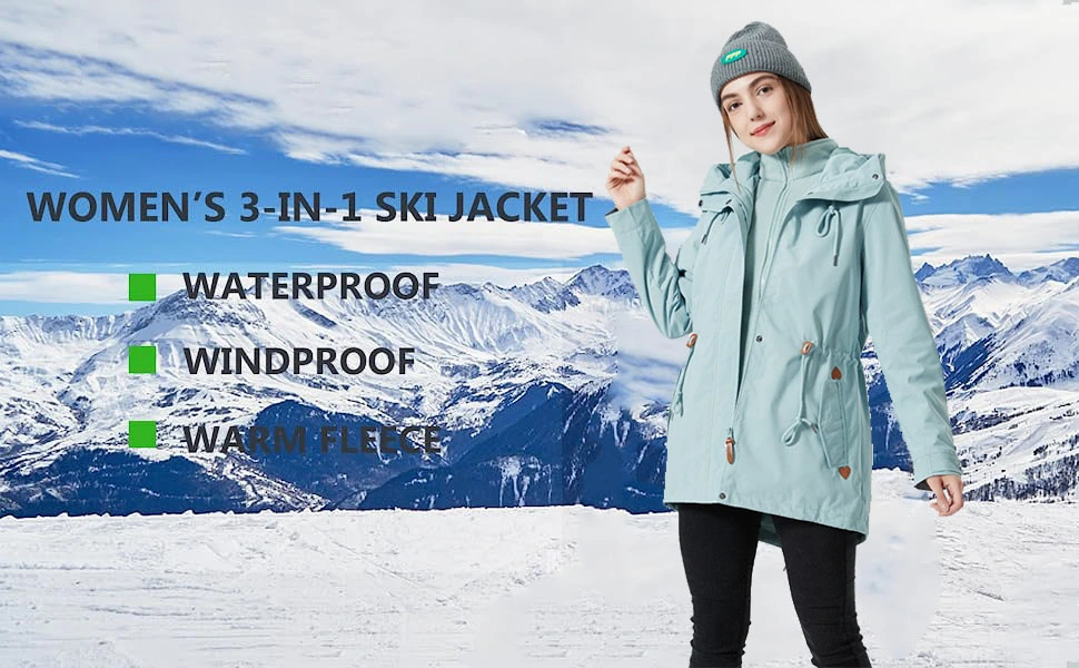 Women&prime;s 3-in-1 Winter Jacket Waterproof Rain Coat with Hood Warm Fleece Ski Jackets