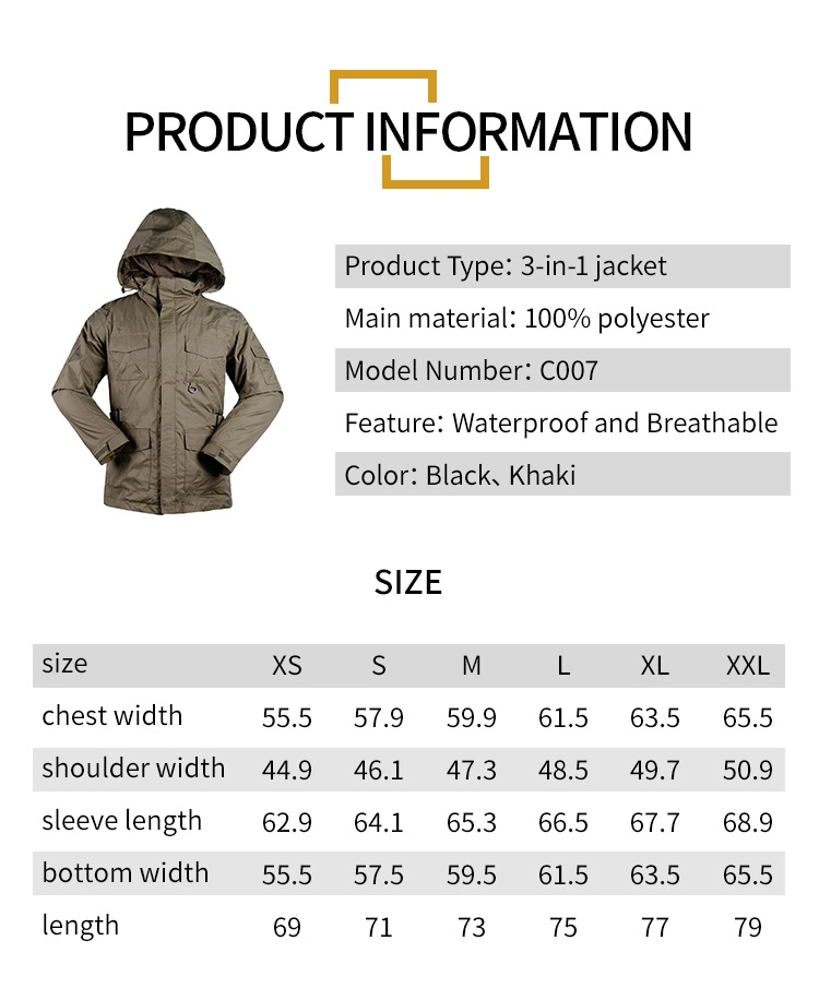 Fashionable Khaki Outdoor Hiking Men&prime;s 3 in 1 Waterproof Winter Jackets