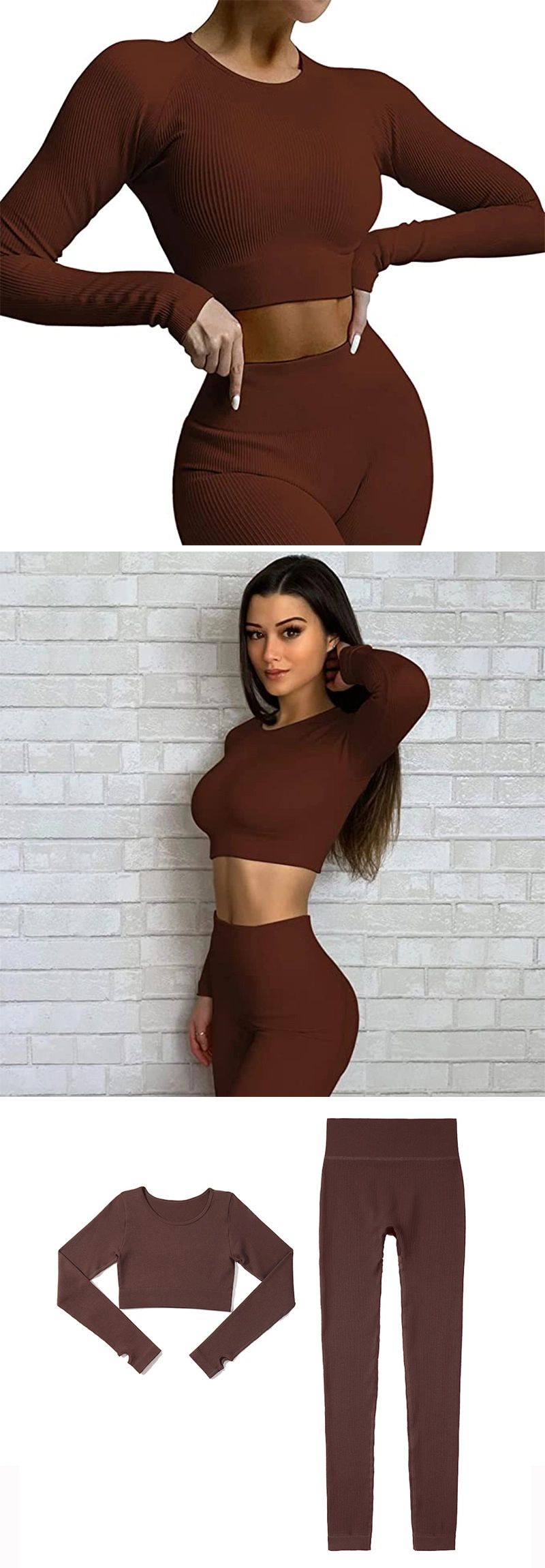 Custom High Quality Seamless Activewear Manufacturer Compression Workout Clothes for Women, 2 PCS Ribbed Long Sleeve Crop Top + Tummy Control Leggings Sets