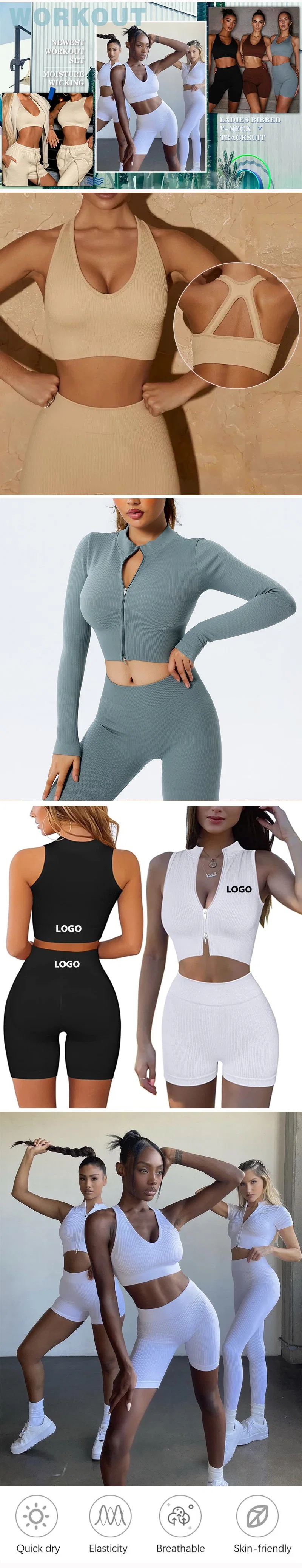 Custom High Quality Seamless Activewear Manufacturer Compression Workout Clothes for Women, 2 PCS Ribbed Long Sleeve Crop Top + Tummy Control Leggings Sets