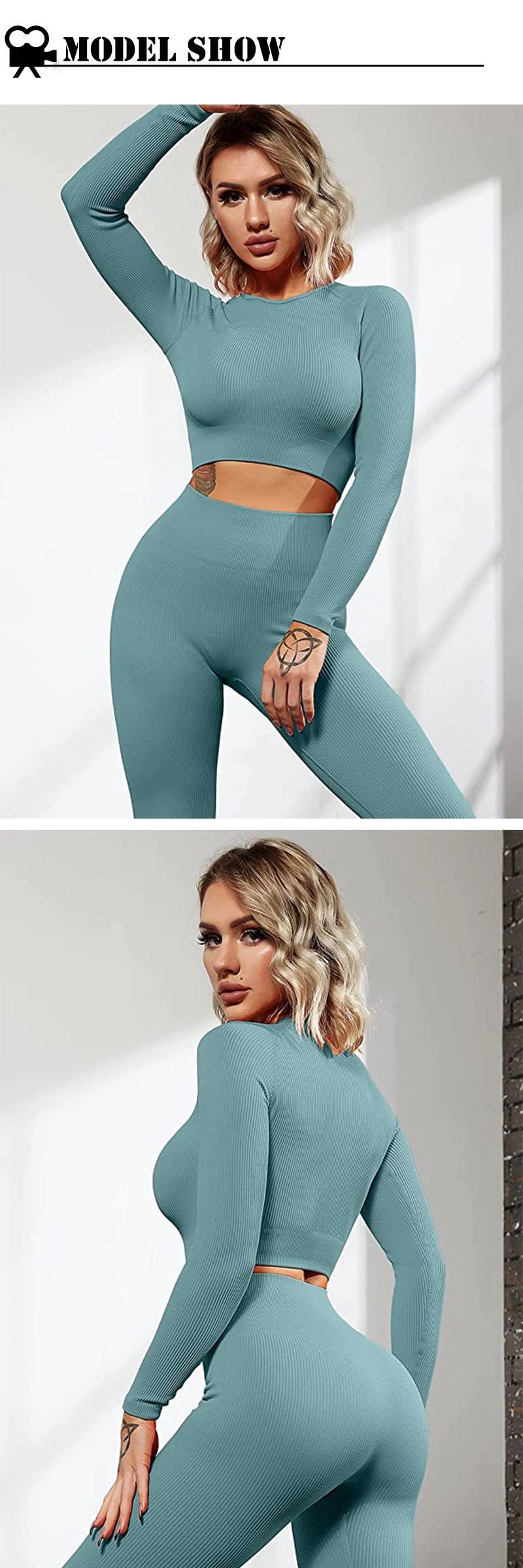 Custom High Quality Seamless Activewear Manufacturer Compression Workout Clothes for Women, 2 PCS Ribbed Long Sleeve Crop Top + Tummy Control Leggings Sets