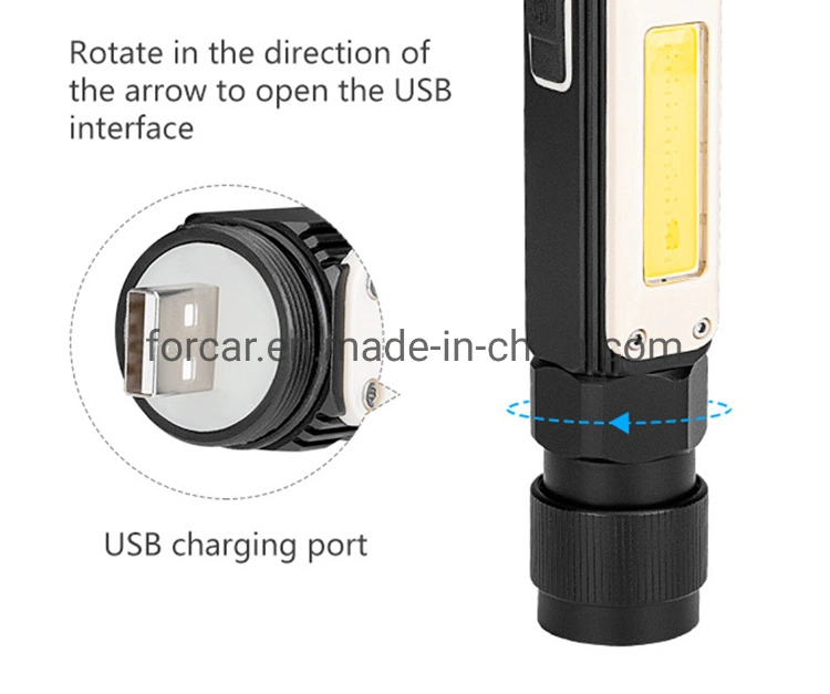 360 Degree Rotating Emergency Inspection Spot Lighting Multifunction COB LED Flash Light Adjust Torch Lamp USB Rechargeable LED Flashlight with Warning