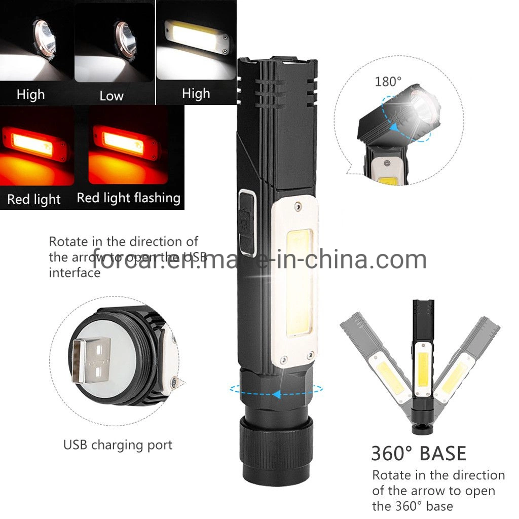 360 Degree Rotating Emergency Inspection Spot Lighting Multifunction COB LED Flash Light Adjust Torch Lamp USB Rechargeable LED Flashlight with Warning