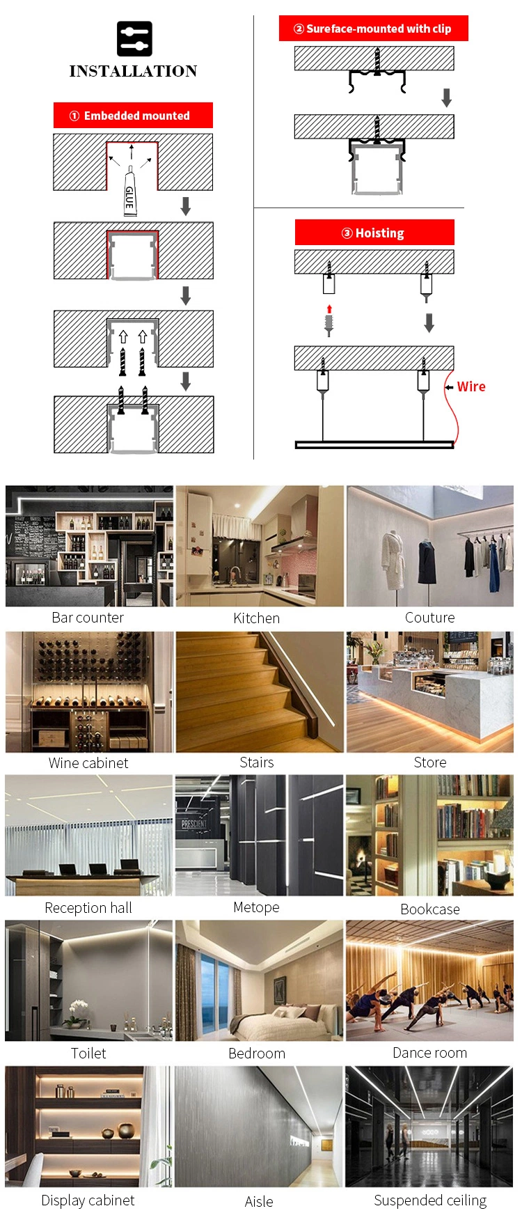 No Stroboscopic Hotel Corridor Lamp Good Light Effect Aluminum High Lumen Silver LED Linear Ceiling Light