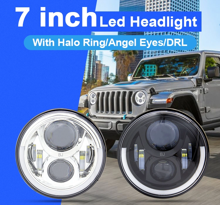 DOT Super Bright Spider Design Angel Eye 75W Amber White DRL Turn Signal Round 24 Volt 12V H4 LED Motorcycle Harley 7 Inch LED Headlight for Jeep Wrangler