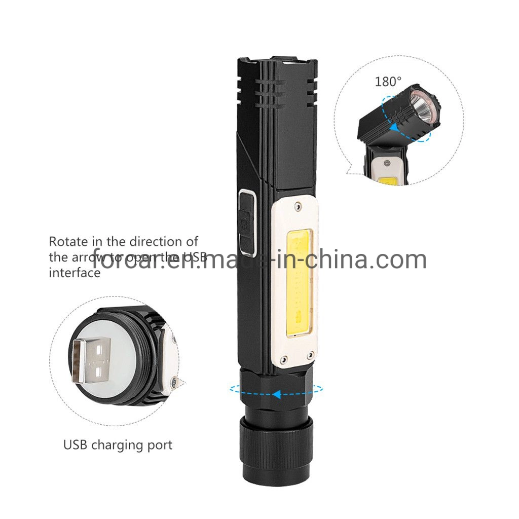 360 Degree Rotating Emergency Inspection Spot Lighting Multifunction COB LED Flash Light Adjust Torch Lamp USB Rechargeable LED Flashlight with Warning