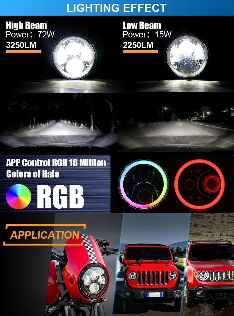 7 Inch Round LED Headlight for Jeep Wrangler off Road 4X4 Motorcycle High Low Beam Light Halo Angle Eyes Blue DRL Headlamp