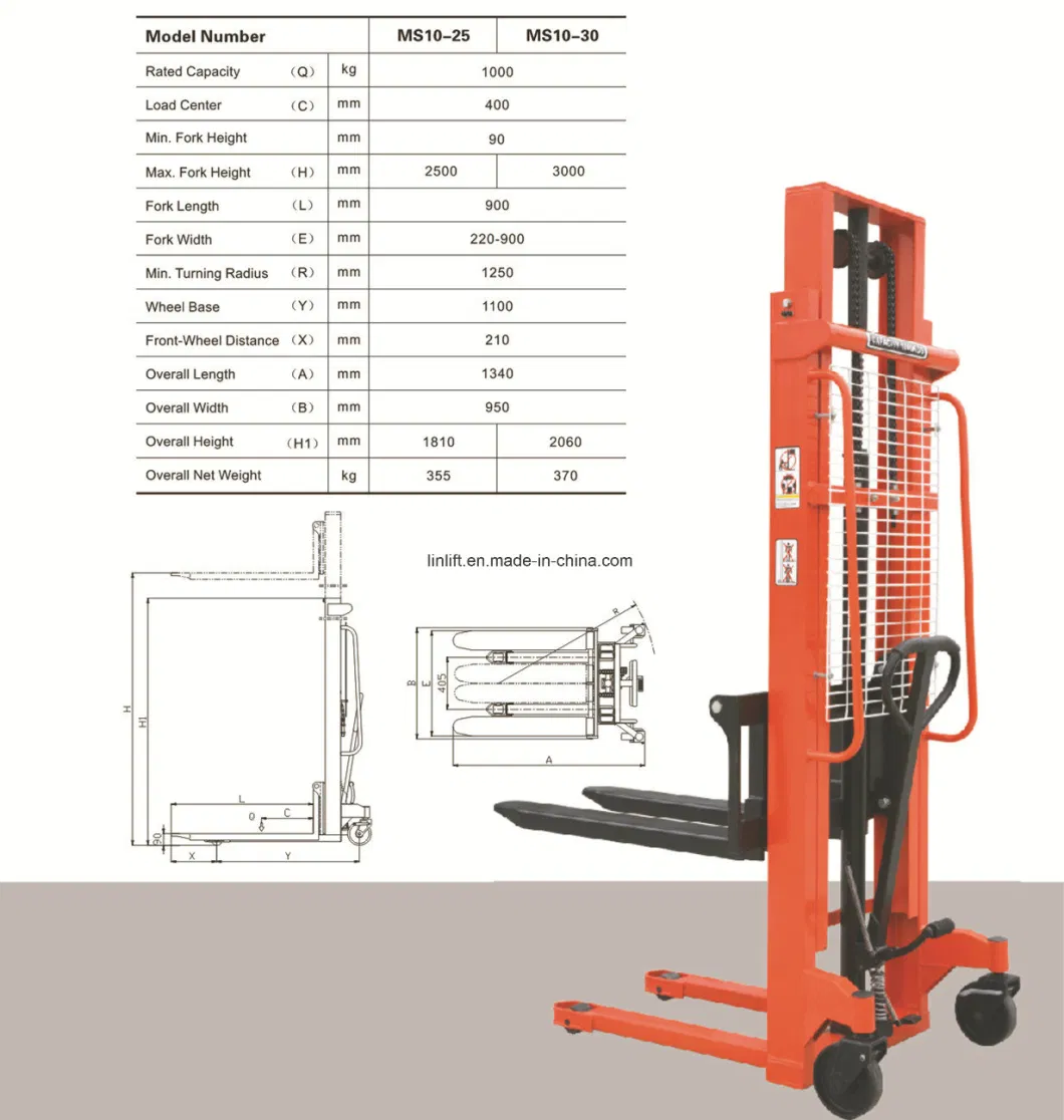 1500kgs Liftinght Height: 1.6meters Manual Hydraulic Hand Stacker