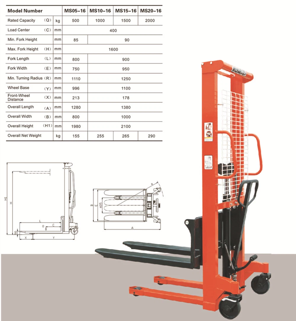 2000kgs 1.6meters Warehouse Lifting Equipment Manual Hydraulic Hand Stacker