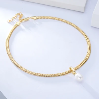 Popular 18K Gold Plated Hip Hop Necklace Wheat Chain Foxtail Chain with Freshwater Pearl Charm Necklace