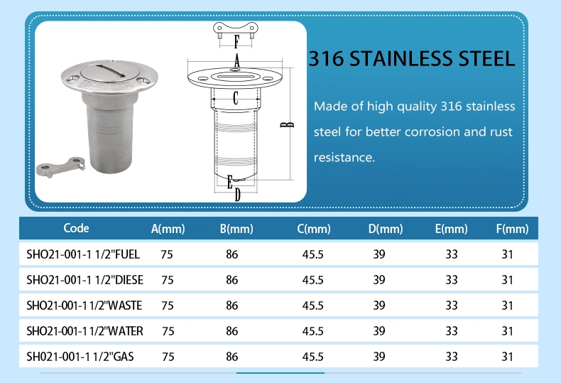 1-1/2&quot; (38mm) 2&quot; (50mm) Marine Hardware Mirror Polished Boat Fuel Deck Fill/Filler with Key Cap 316 Stainless Steel Neck for Boat Yacht Caravan