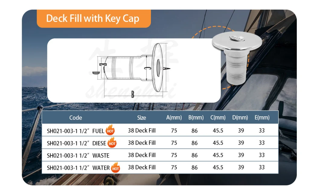 1-1/2&quot; (38mm) Marine Filler Neck Stainless Steel 316 Marine Boat Fuel/Gas/Water/Deo Deck Fill/Filler Keyless Cap Neck