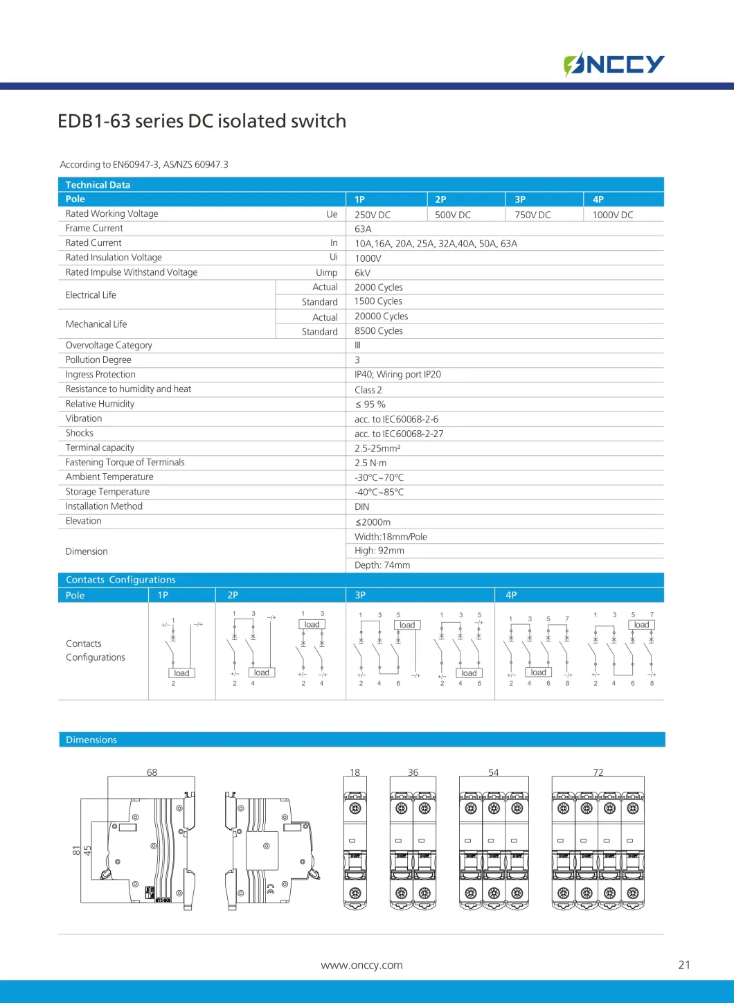 PV DC 1000V MCB Miniature 1p/2p/3p/4p 10A 20A 40A 63A Electric Mini Circuit Breaker for Solar Power System