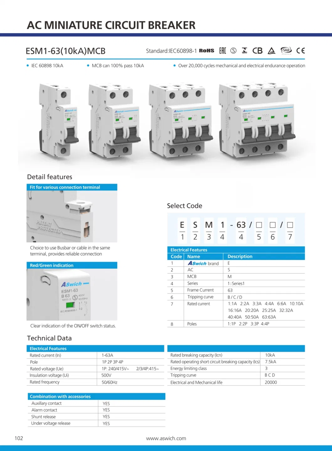 Aswich 63A 1/2/3/4p 6/10ka Breaking Capacity AC DIN Rail Mini Circuit Breaker MCB