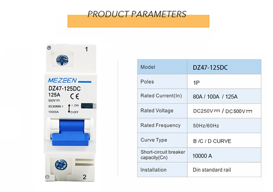 Sp 1p DC 250V 500V 50Hz/60Hz 100A MCB for Photovoltaic System