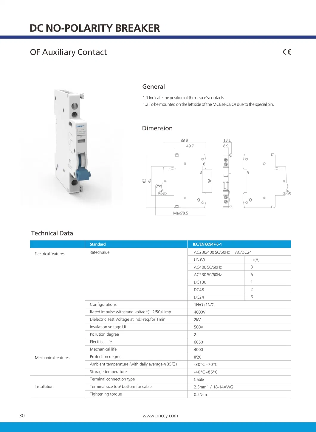 Onccy High Quality Plug-in MCB 1p 2p 16-63A 10ka CH Miniature Circuit Breaker