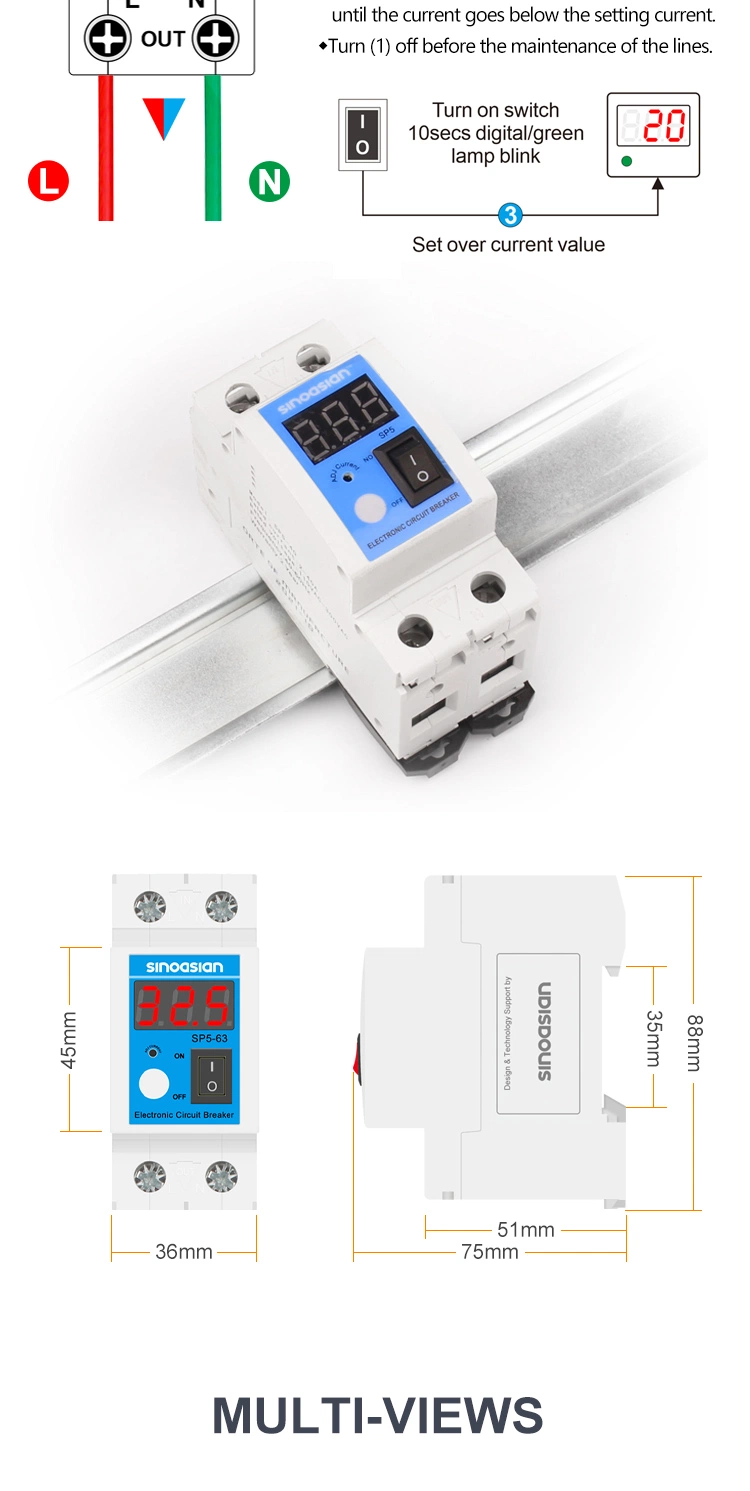 110-300V AC 20.8A Auto Reconnect Current Overload Electronic Circuit Breaker