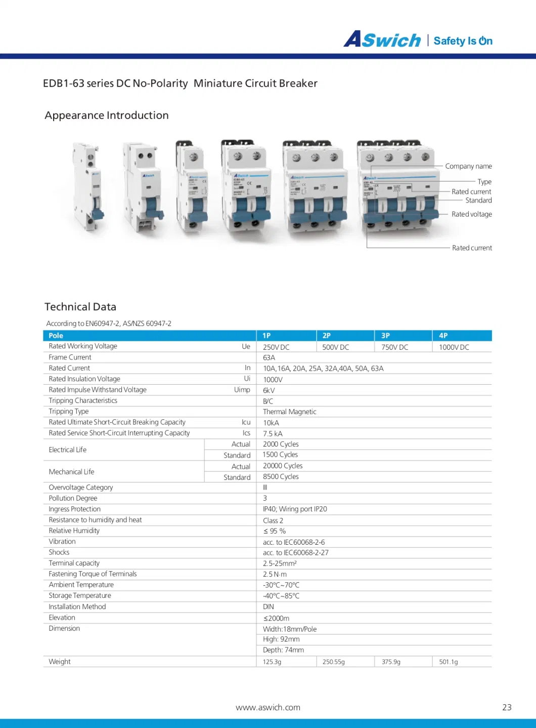 DC1000V 6A~63A 4p 6ka DC Miniature Circuit Breaker MCB for Solar PV System