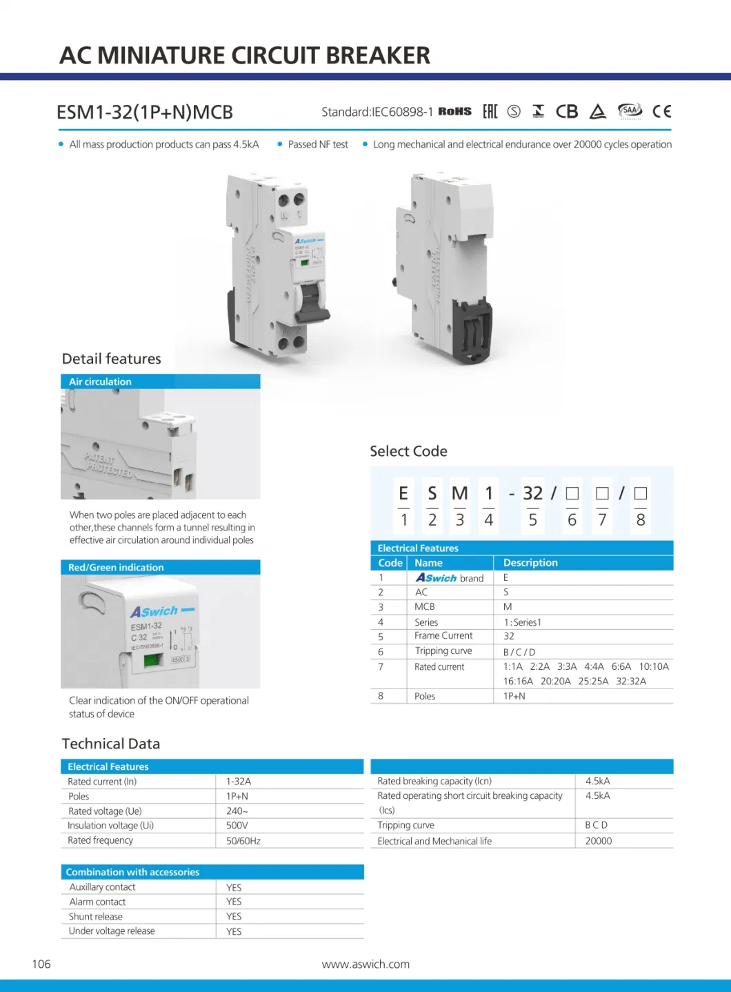 1A 2A 4A 6A 10A 16A 20A 25A 32A 40A 50A 63A 10ka AC Miniature Circuit Breakers MCB Mini Circuit Breaker