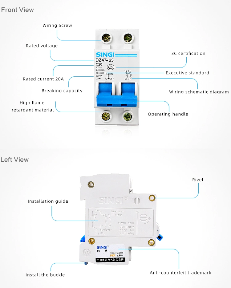 Manufacture Breakers Singi Single Phase MCB Low Voltage Circuit Breaker DC Dz47-63