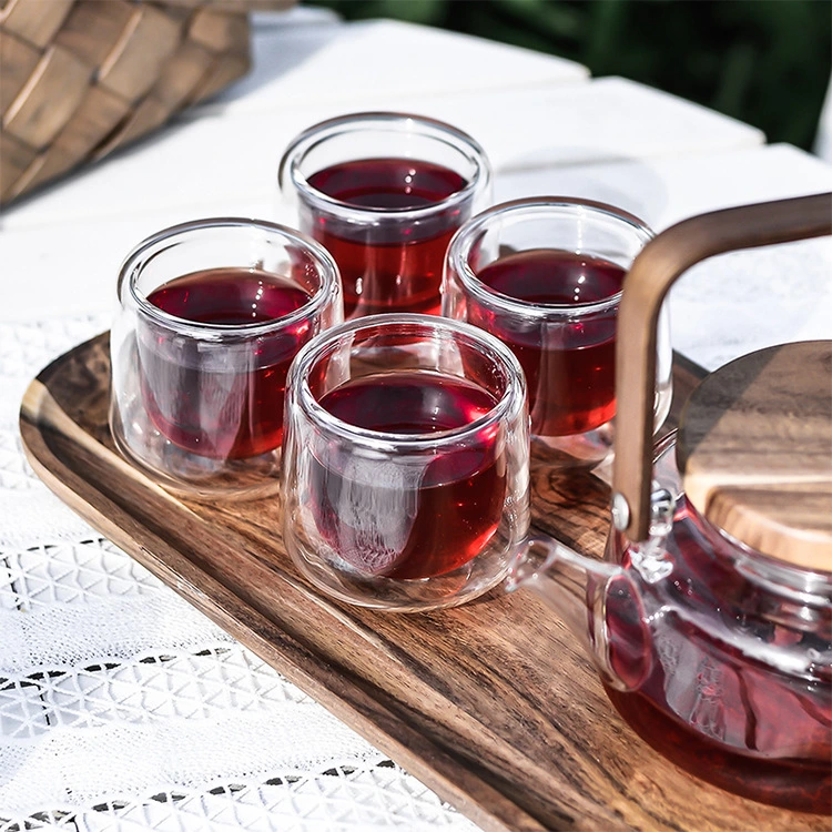 High Temperature Resistant Glass Tea Pot Set 5 PCS Tea Set with Wooden Tray Transparent Glass Flower Tea Pot