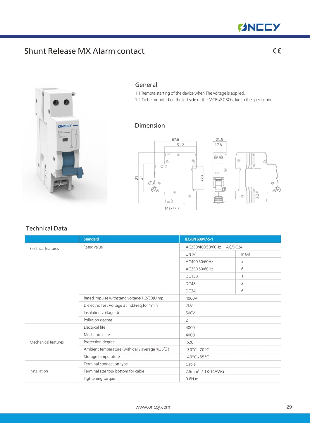 Onccy High Quality Plug-in MCB 1p 2p 16-63A 10ka CH Miniature Circuit Breaker