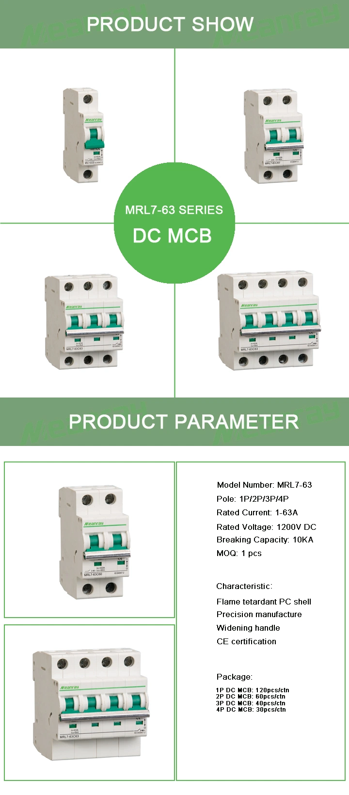 Best Quality IEC60947 Mrl7-63 1p 2p 3p 4p 10A 16A 20A Electrical Type 12V 1000V MCB Mini DC Circuit Breaker