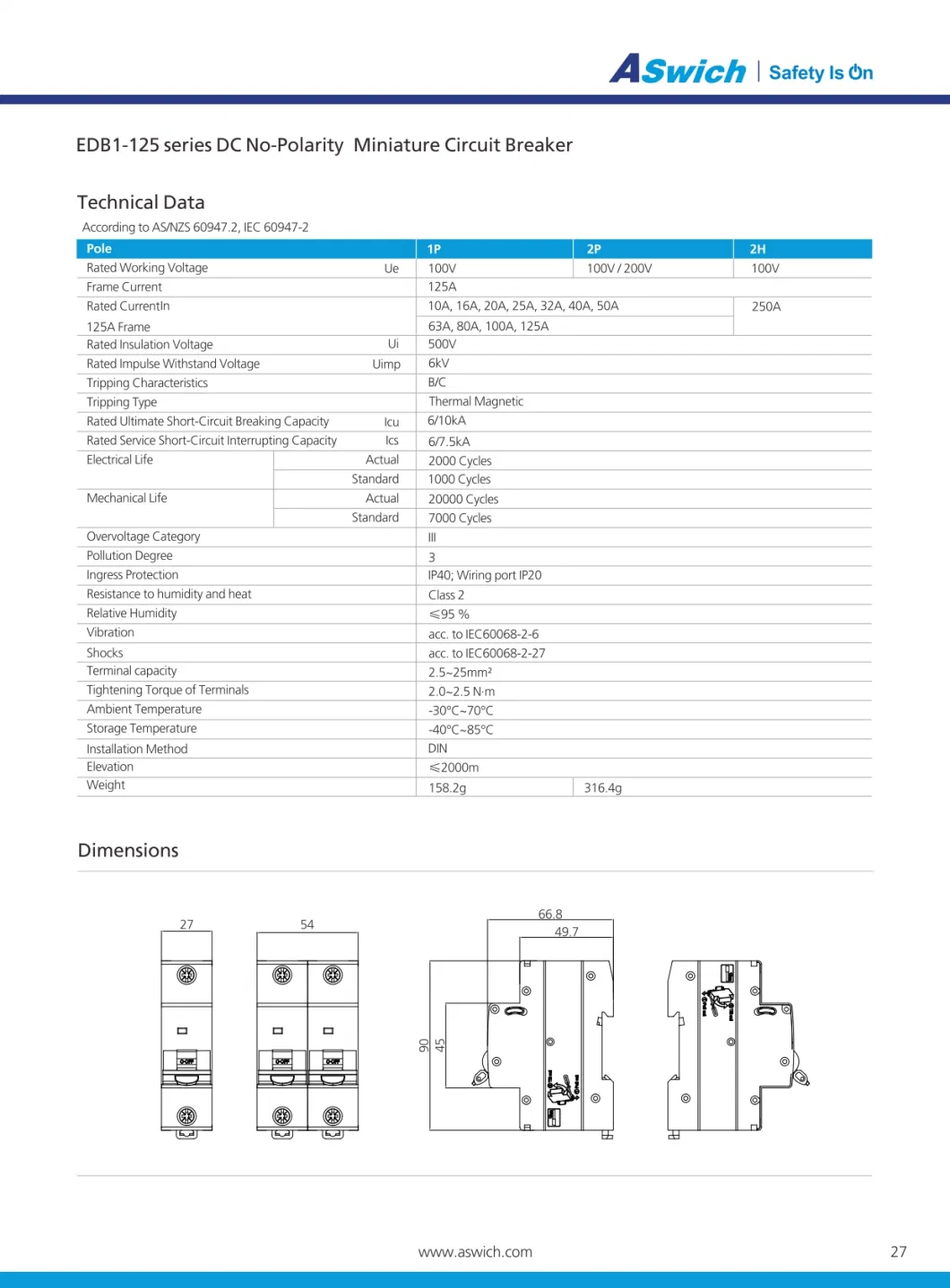 Aswich OEM 4 Pole 16, 20, 32, 63A MCB 1000V DC Solar Main Switch Circuit Breaker for Photovoltaic System with Shunt Release &amp; Auxiliary Contact