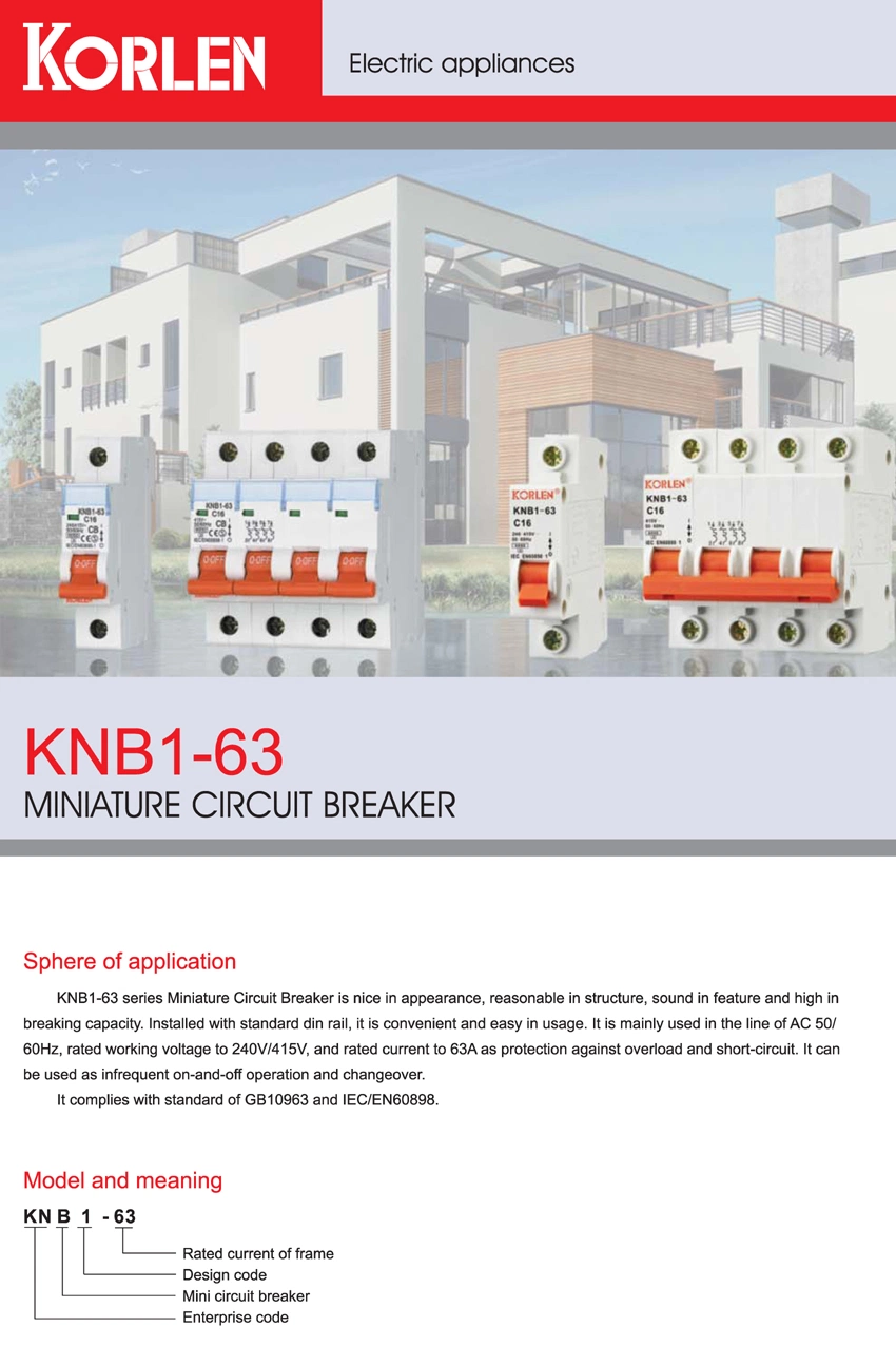 Miniature Circuit Breaker MCB Knb1-63-2014 3ka /6ka C1-5A, C6-25A, C32-63A 1p, 1p+N, 3p 3+N, 4p