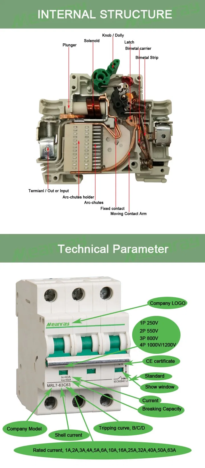 Best Quality IEC60947 Mrl7-63 1p 2p 3p 4p 10A 16A 20A Electrical Type 12V 1000V MCB Mini DC Circuit Breaker