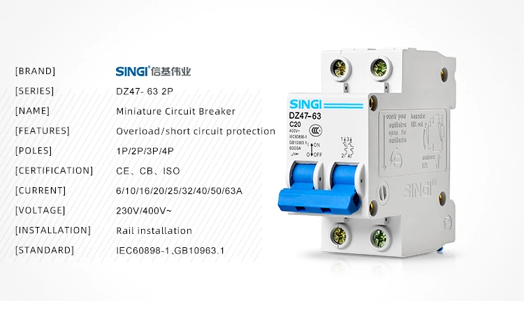 Manufacture Breakers Singi Single Phase MCB Low Voltage Circuit Breaker DC Dz47-63