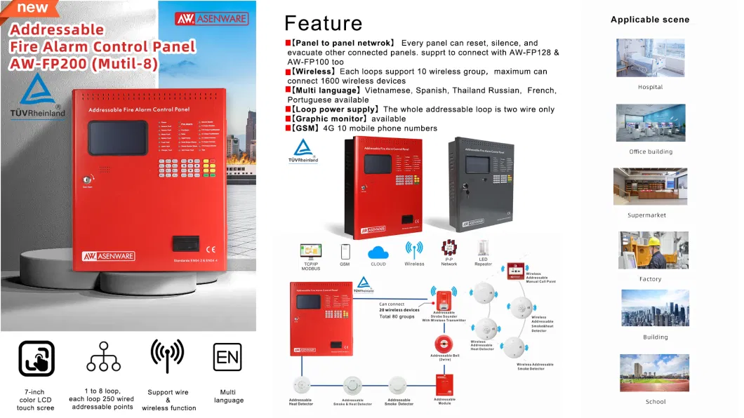 with Can Bus Network System 1loop Cards Addressable Fire Alarm Control Panel Sec1000 Max Black White Battery Cable Charging Gua