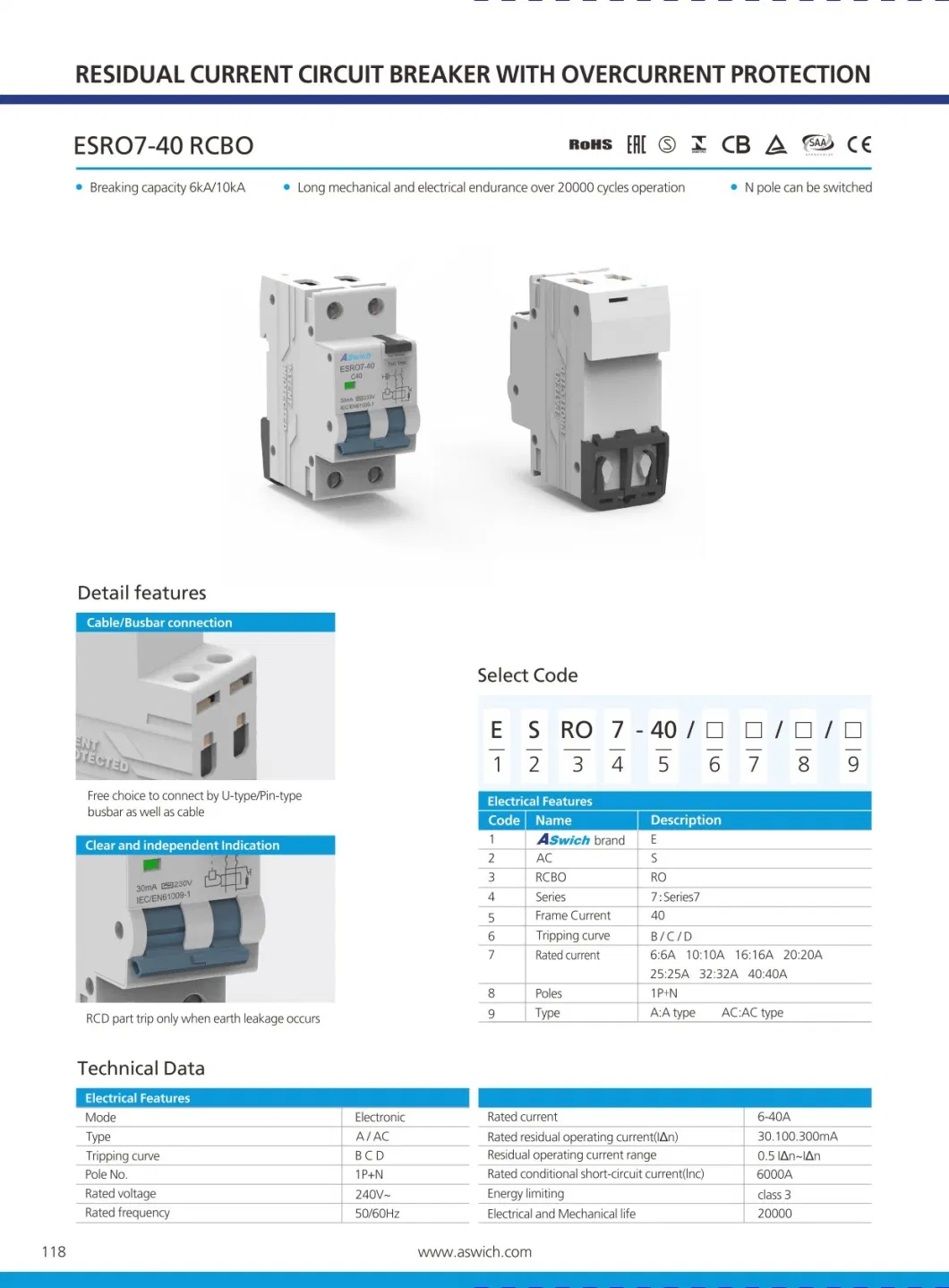 Aswich Esro 2p 40A Residual Current Circuit Breaker for Solar Electrical Safety