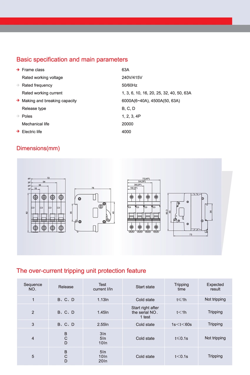 Miniature Circuit Breaker MCB Knb1-63-2014 3ka /6ka C1-5A, C6-25A, C32-63A 1p, 1p+N, 3p 3+N, 4p