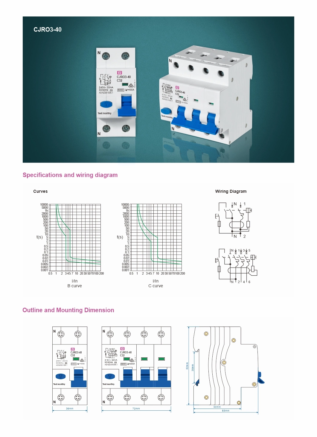 Cjro3-40 1p+N RCBO ELCB Residual Current Circuit Breaker with Overcurrent Protection