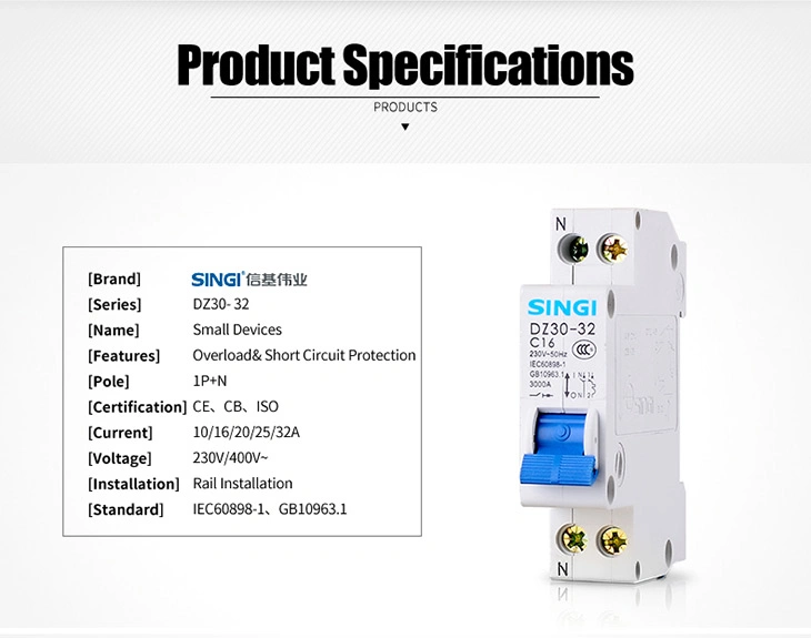 Rated Current 32A 230V 1p+N 30mA Mini Circuit Breaker MCB