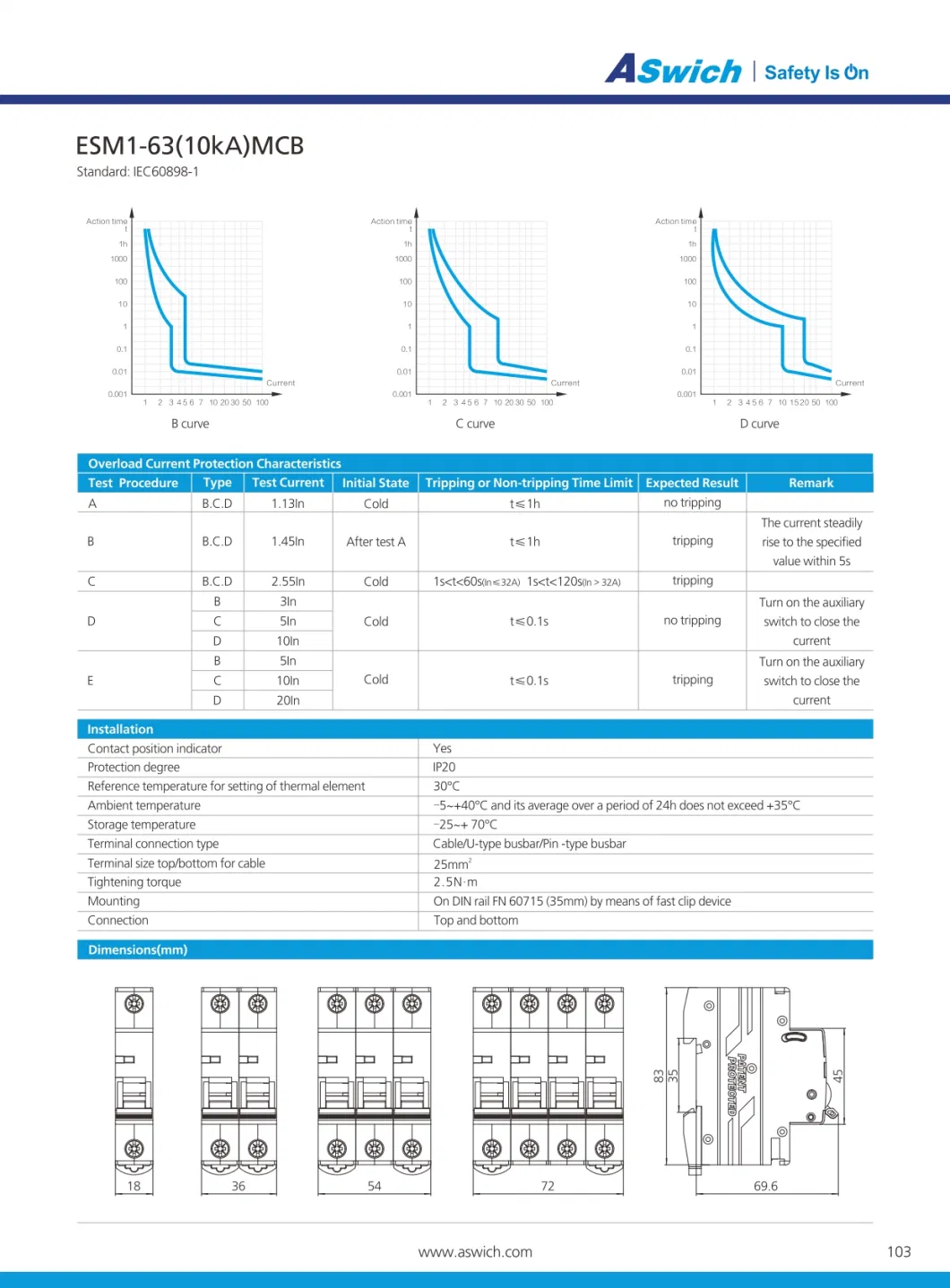 Esm1-63 Series 10ka MCB 63A Electric Miniature Circuit Breaker Esm2-63 6ka 240/415V 1p 2p 3p 4p DIN Rail AC Mini Circuit Breakers