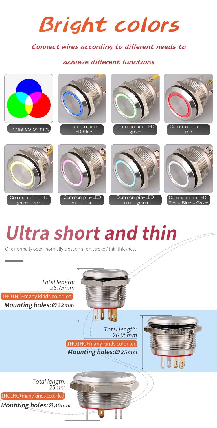 Stainless Pin 1no IP67 Mini Flat Round Head Button Micro Switches 22mm