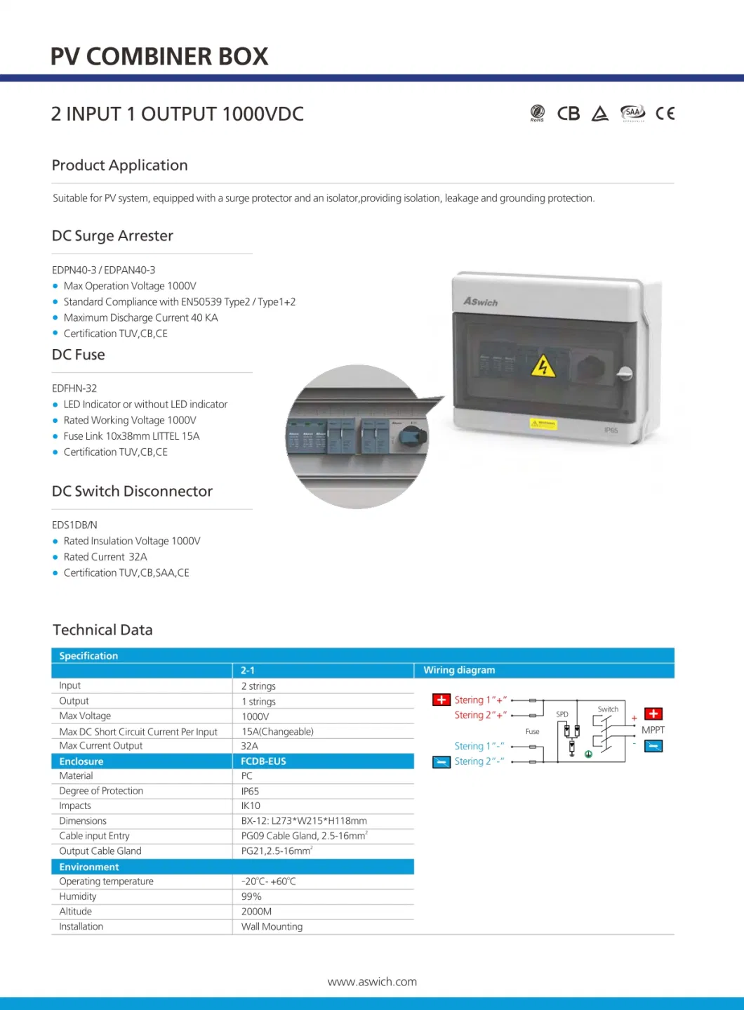 Solar DC PV Combiner Box Junction Box 6 Strings Input 2 Output IP65 with Isolator Fuse SPD