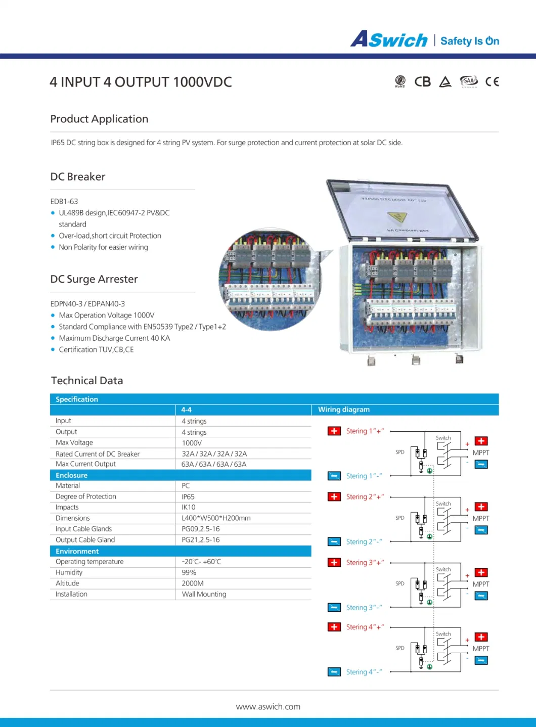 Solar DC PV Combiner Box Junction Box 6 Strings Input 2 Output IP65 with Isolator Fuse SPD